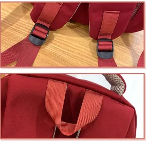 Backpack detail shot showing durable red straps, adjustable buckles, and sturdy top handle.