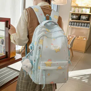 Cute Japanese star pattern sweet style pastel blue backpack for student large capacity daily bag