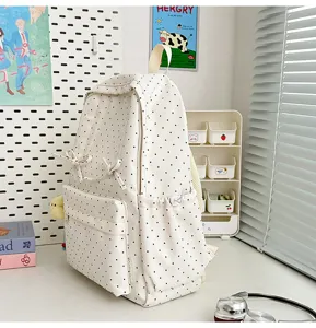 Closeup shot of cute polka dot backpack showcasing pocket detail and front strap decoration.