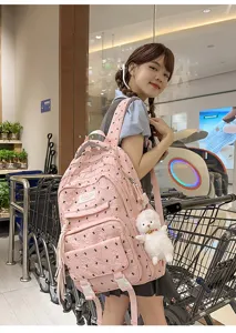 Pink polka dot backpack with cute sheep pendant for school travel large capacity bag