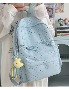 Japanese ins style light blue polka dot backpack cute student school bag with bow detail