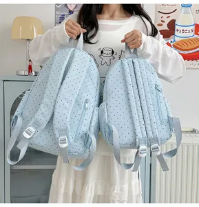 Light blue polka dot backpack set for women students, cute daily casual school bag.