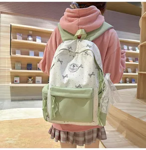 Japanese cute student backpack, large nylon school bag with bow print for teen girls.