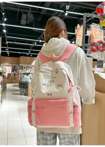 Japanese style student backpack detail showing cute bow print, large capacity and nylon material.