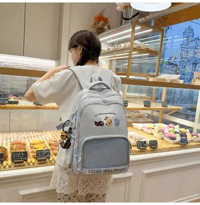 Detail view of cute student backpack with animal embroidery and large capacity for daily school.