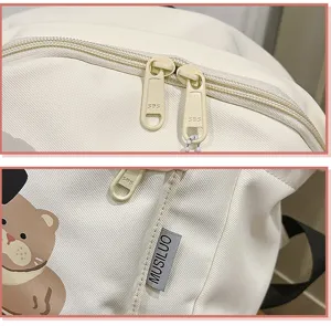 Canvas backpack detail showing dual zippers and cute cartoon graphic design for daily use.