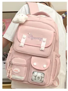 Cute pink college style backpack with multiple pockets, large capacity for school and travel.