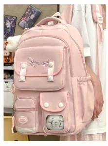 Pink college style backpack large capacity multi pocket cute school bag for students.