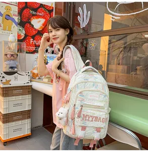 Large capacity student backpack with multi pockets and colorful line pattern for school daily use.