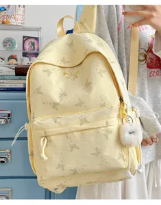 Yellow canvas backpack for women large capacity casual school bag with cute butterfly print