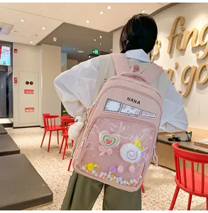 Vista detallada de la mochila ita rosa de estilo japonés con bolsillo delantero transparente y mono.