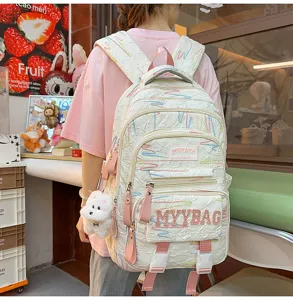 Detailed view of large capacity student backpack with colorful embroidery and cute puppy pendant.