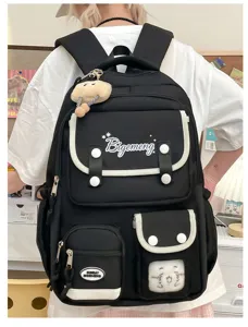 Korean style college backpack for women, large capacity black school bag with multi pockets.