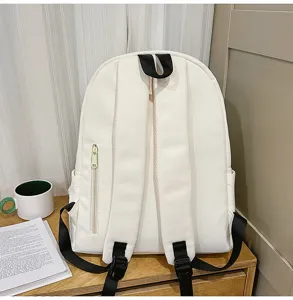 White casual student backpack detail view, featuring durable straps and convenient zipper pocket.