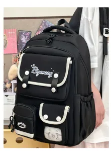 Detail shot of black campus backpack with white trim, multi pockets and cute window for students.