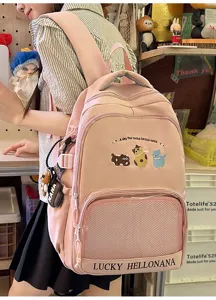 Pink cute cat embroidered school backpack with front mesh pocket for daily travel and students