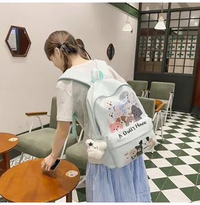 Light blue cute graffiti canvas backpack large capacity school bag for students teens
