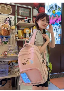 Details of cute pink canvas backpack for school girls, large capacity casual travel daypack.