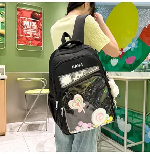 Vista detallada de la mochila escolar negra con bolsillo frontal transparente y estilo.