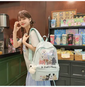 Ins style cute doodle backpack for students, large capacity casual canvas school bag.