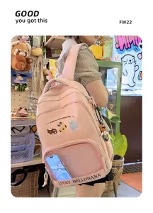 Pink cute backpack with transparent front pocket, cat embroidery and spacious storage design.