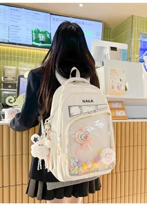 Mochila escolar de estilo japones de color liso con bolsillo delantero transparente estudiante.