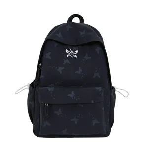 Women Casual Nylon Backpack Large Capacity School Bag With Butterfly Print Minimalist Travel Daypack Bookbag