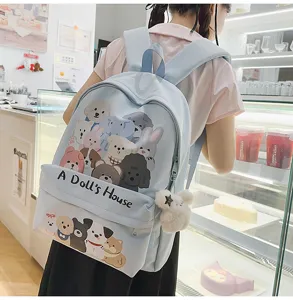 Cute canvas backpack for students large capacity casual school bag with cartoon dog print