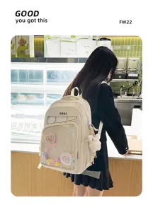 Mochila escolar lisa de estilo japonés con bolsillo frontal transparente y gran capacidad.