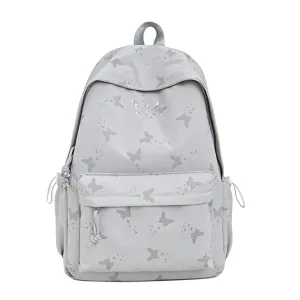 Grey casual backpack with butterfly print, large capacity school bag for students daily use.