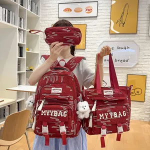 Large capacity student backpack set for school girls and college students, stylish multi-piece bags.