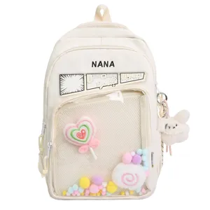 Mochila Casual de Color Sólido para Mujer Mochila Escolar de Gran Capacidad Itabag Bolsillo Frontal Transparente con Colgante de Peluche