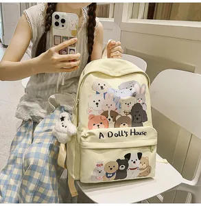 Cute kawaii canvas backpack with lovely cartoon animal prints and large capacity for daily use.