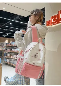 Japanese style student backpack nylon school bag large capacity pink bow casual daypack for girls