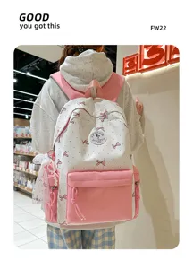 Japanese style nylon student backpack with cute bows and large capacity for daily use.