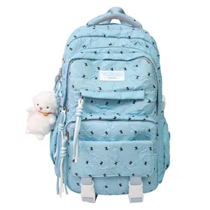 Light blue casual school backpack for teenage girls stylish travel rucksack with cute plush