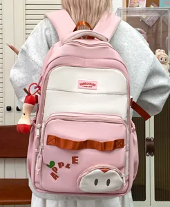 Mochila escolar rosa y blanca de gran capacidad para viajes y uso diario casual.
