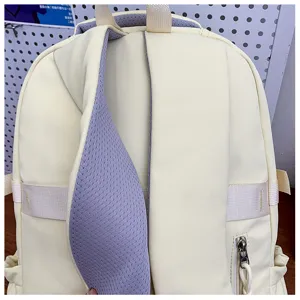Detail shot of casual backpack strap, breathable mesh padding and adjustable side webbing.