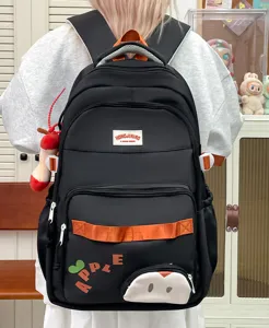 Gran capacidad mochila escolar casual para estudiantes, elegante mochila de viaje negra con detalles.