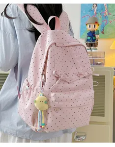 Japanese ins style pink polka dot backpack cute bow student casual school bag with plush pendant