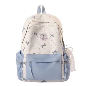 Japanese cute nylon school backpack for teen girls, large capacity bow polka dot casual book bag.