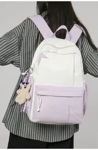 Casual canvas backpack with cute bear pendant, stylish purple and white design