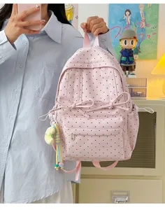 Japanese ins style pink polka dot backpack cute bow school bag for college student girls daily use