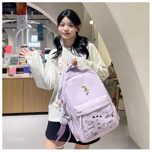 Light purple casual student backpack with cute bear charm and doodle details for travel class.