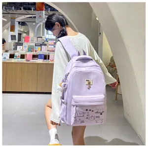 Detailed view of the fresh casual light purple backpack for girls, stylish daily school bag.