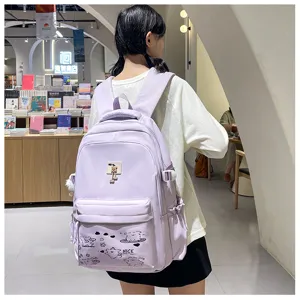 Light purple casual backpack detail showing cute front pocket print and practical student design.