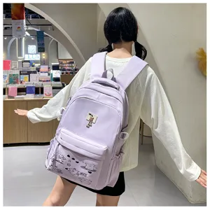 Fresh casual backpack for women daily school travel, lightweight purple bookbag with cute doodles.