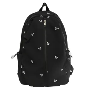 Girls Cute Bow Embroidery Backpack Casual Nylon School Bookbag Simple Versatile Daypack Student Travel Bag