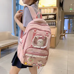 Cute pink ita backpack with clear front pocket, large capacity school bag for girls.