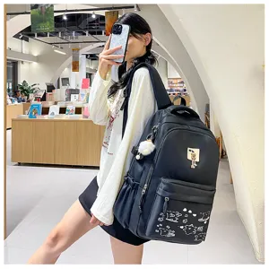 Casual black school backpack with cute graphic prints and large storage capacity for travel.